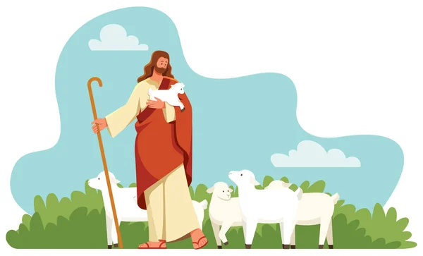 Illustrazione Disegno Piatto Con Gesù Come Pastore Che Tiene Agnello — Vettoriale Stock
