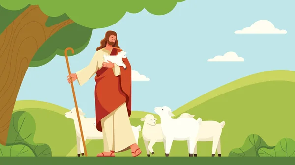 以耶稣为牧人 牵着羊羔 牧养其他的羊的平面设计图解 背景是多云的多山风景 — 图库矢量图片