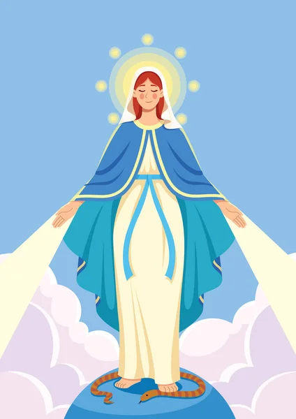 フラットデザインイラストの聖母マリアとともに彼女の腕を開いて広いです歓迎ジェスチャー — ストックベクタ