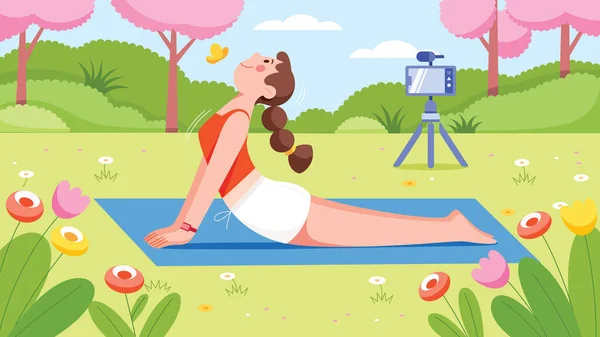 为她的博客录制视频的同时 自然做瑜伽的可爱女孩的平面设计图解 — 图库矢量图片