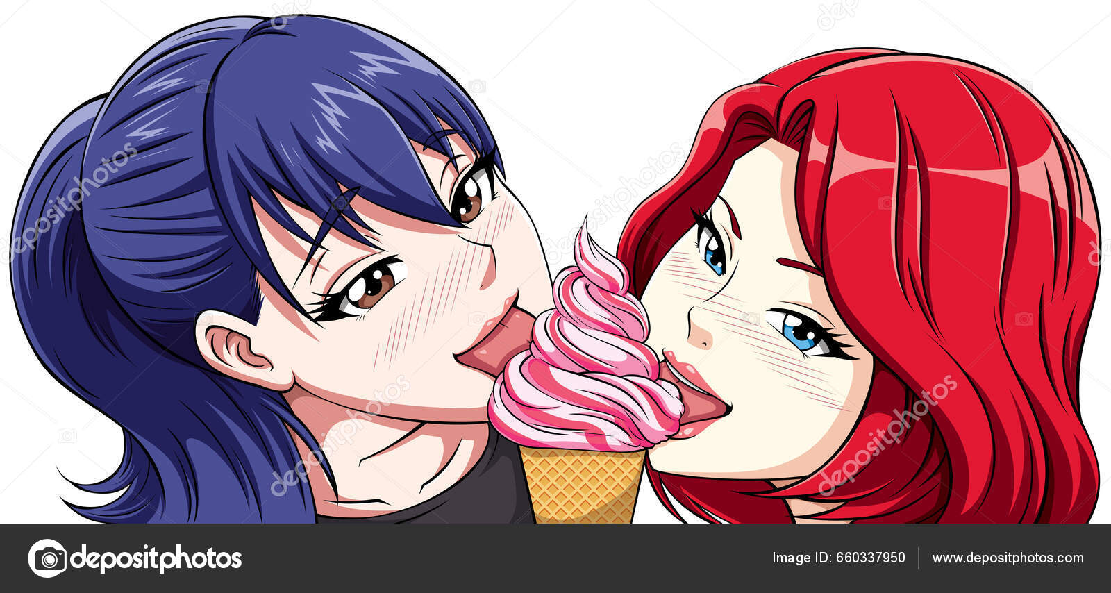 Duas Meninas Anime Bonito Lambendo Sorvete imagem vetorial de Malchev©  660337950