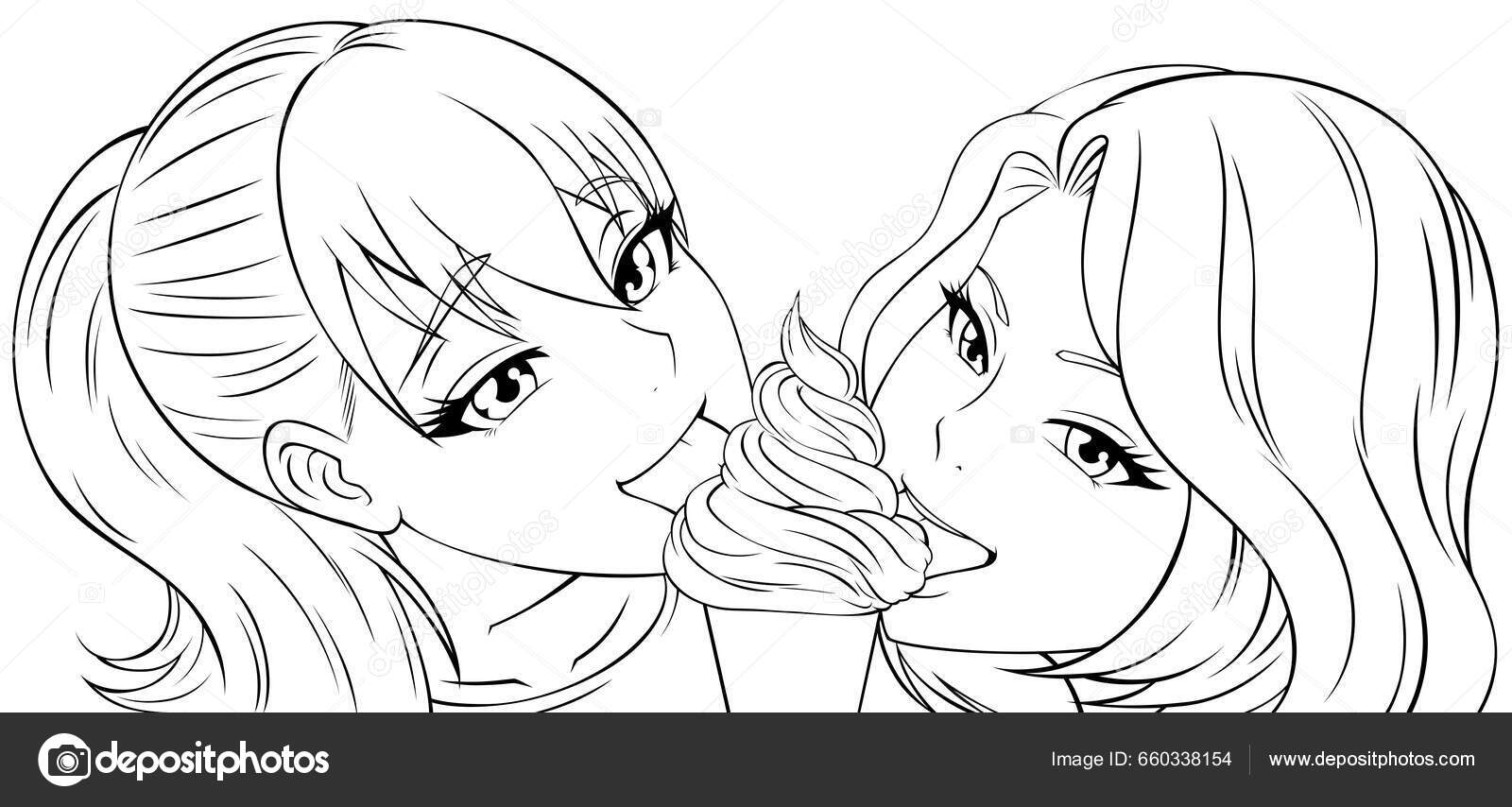 Two Cute Anime Girls Licking One Ice Cream Stock Vector by ©Malchev  660338154