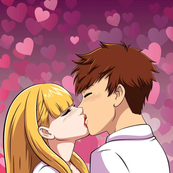 Ilustrasi Gaya Anime Anak Laki Laki Dan Perempuan Berciuman - Stok Vektor