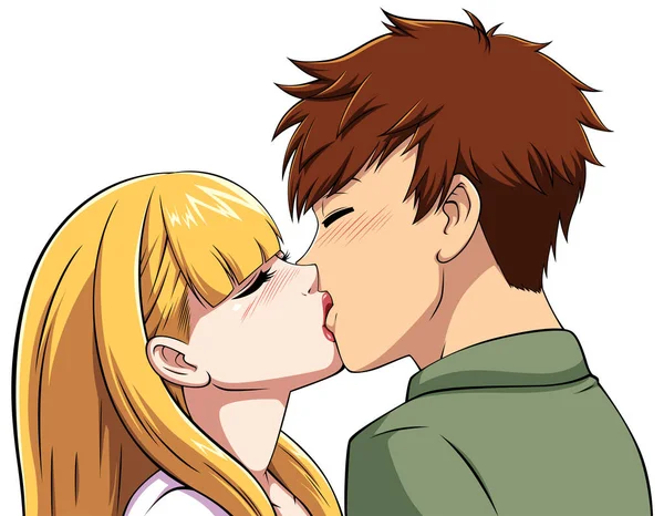 Anime Στυλ Εικονογράφηση Του Αγοριού Και Του Κοριτσιού Φιλιά — Διανυσματικό Αρχείο