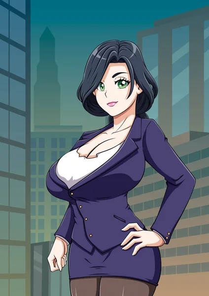 Nette Anime Geschäftsfrau Mit Großer Brust Und Mit Stadtbild Hintergrund — Stockvektor