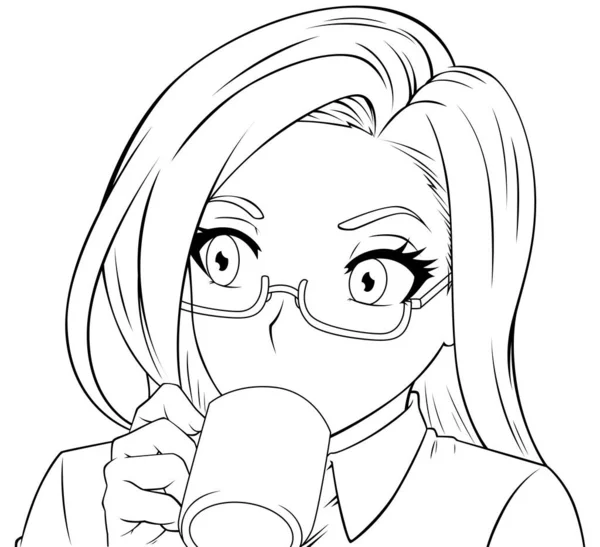Illustration Manga Stil Des Niedlichen Mädchens Das Tee Oder Kaffee — Stockvektor