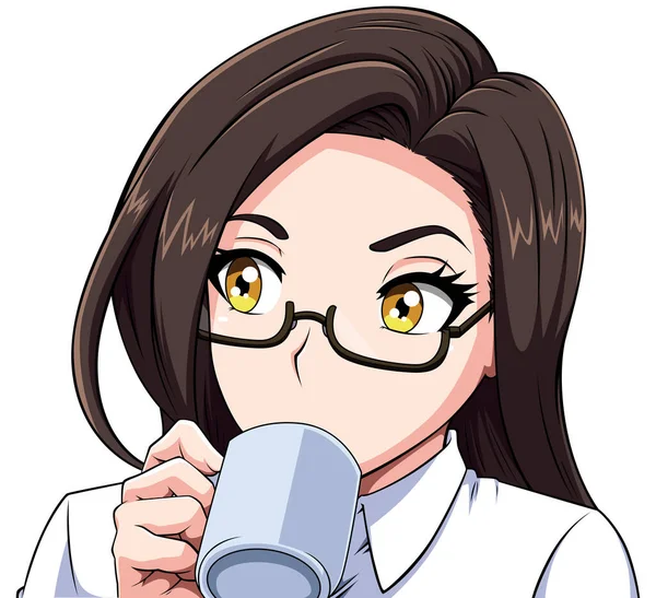 Manga Στυλ Απεικόνιση Του Χαριτωμένο Κορίτσι Πίνοντας Τσάι Καφέ Από — Διανυσματικό Αρχείο