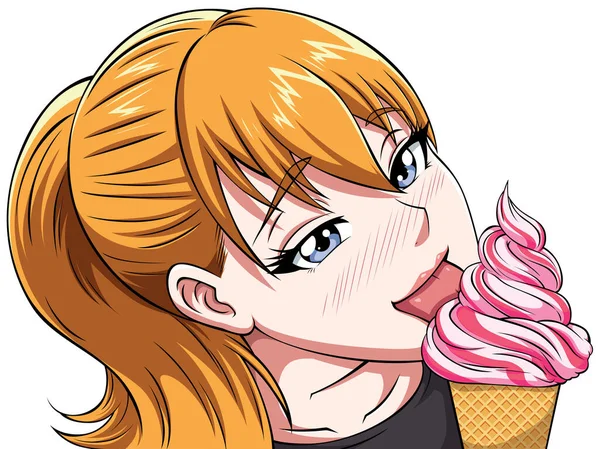 Menina Anime Loira Bonito Comer Sorvete —  Vetores de Stock