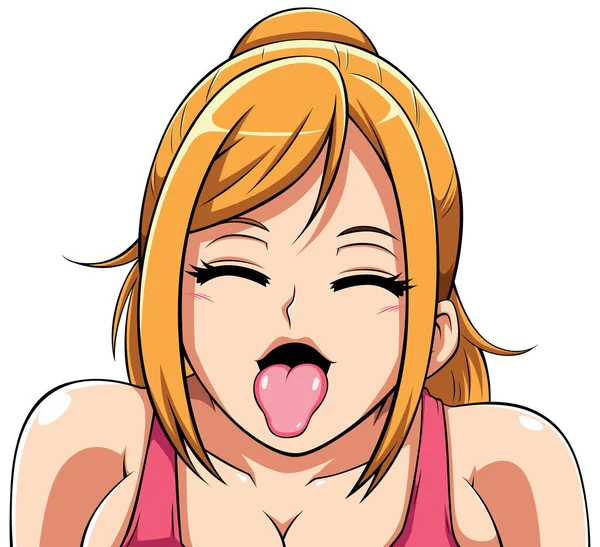 Linda Chica Rubia Anime Hace Cara Con Boca Abierta Lengua — Vector de stock