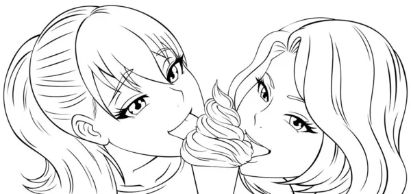 Две Милые Аниме Девочки Облизывают Одно Мороженое — стоковый вектор