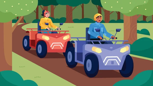 Platt Design Illustration Med Personer Som Kör Fyrhjulingar Genom Skogen — Stock vektor