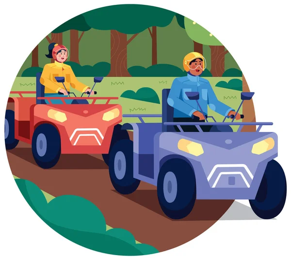 Ilustración Diseño Plano Con Personas Conduciendo Quads Por Bosque — Vector de stock