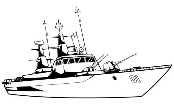 从侧面看战列舰的卡通画 甲板上有舷窗和大炮 白色背景隔离 — 图库矢量图片