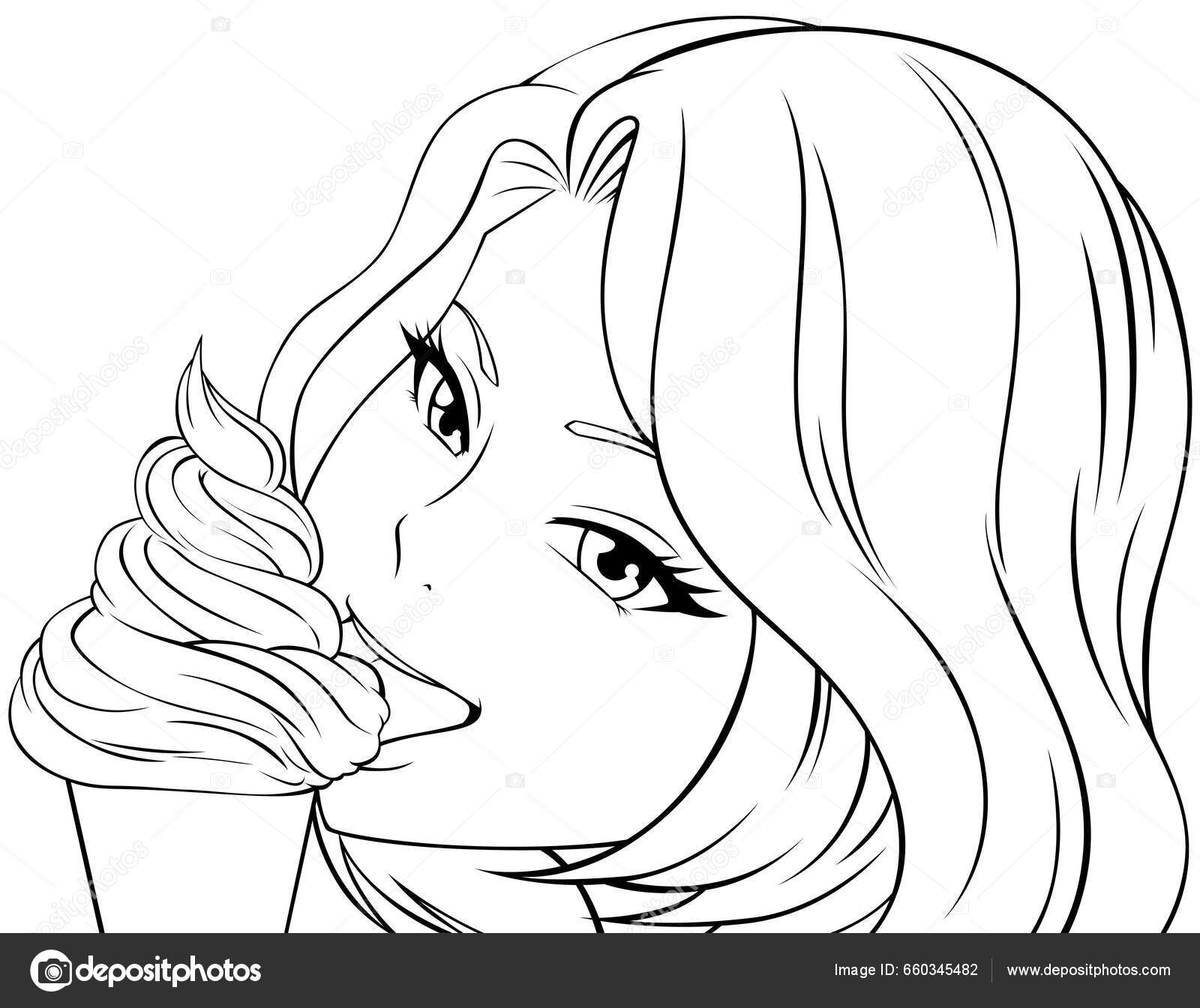 Line Art Retrato Menina Agradavelmente Surpreendida Desenhado