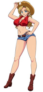 Beyaz arka planda ve kovboy kıyafetli seksi kızın manga tarzı çizimi.
