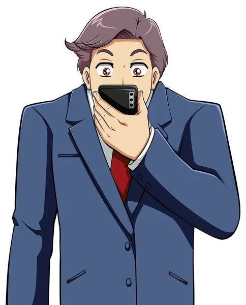 白い背景にアニメのビジネスマン ショックを受けた顔の表情で彼のスマートフォンを見て — ストックベクタ