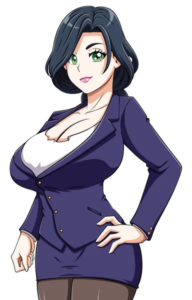 Nette Anime Geschäftsfrau Mit Großer Brust Isoliert Auf Weißem Hintergrund — Stockvektor