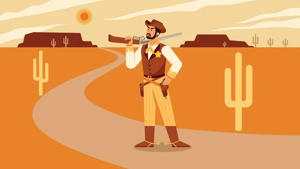 Płaska Ilustracja Projektu Kowboja Trzymającego Karabin Stojącego Brudnej Drodze Pustyni — Wektor stockowy