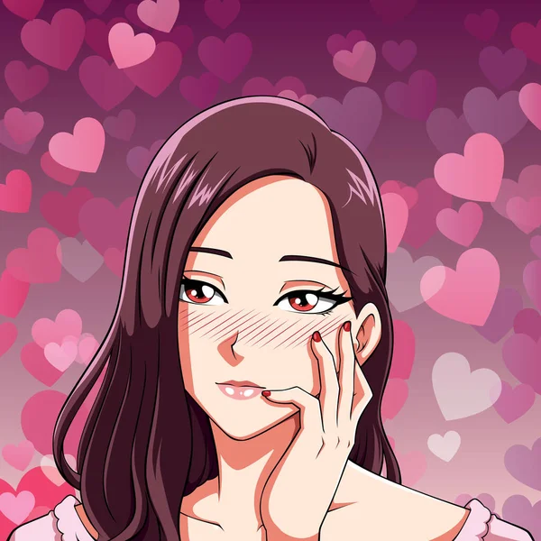 Anime Style Πορτρέτο Της Μελαχρινής Κοπέλας Στην Αγάπη Ένα Ονειρικό — Διανυσματικό Αρχείο