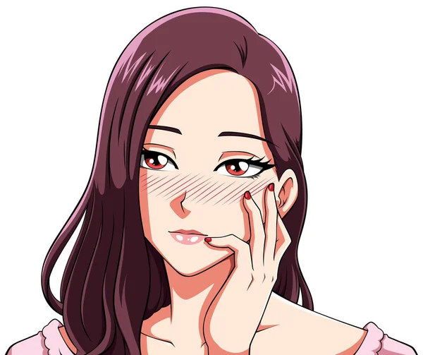 Anime Styl Portrét Brunetky Dívka Lásce Zasněným Vzhledem — Stockový vektor