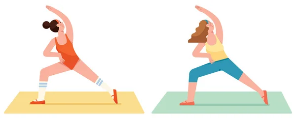 年轻女子瑜伽垫训练及白色背景隔离的平面设计图例 — 图库矢量图片