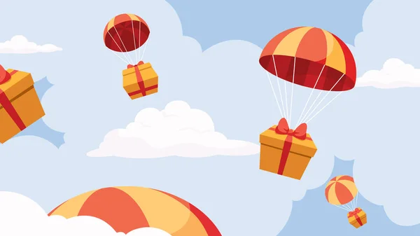 Ilustração Design Plano Conceitual Com Presentes Caindo Céu Com Paraquedas — Vetor de Stock
