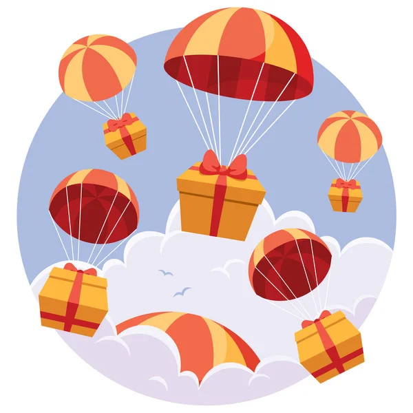 Ilustração Design Plano Conceitual Com Presentes Caindo Céu Com Paraquedas — Vetor de Stock