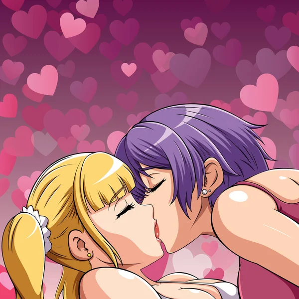 Anime Stil Illustration Mit Zwei Mädchen Küssen — Stockvektor