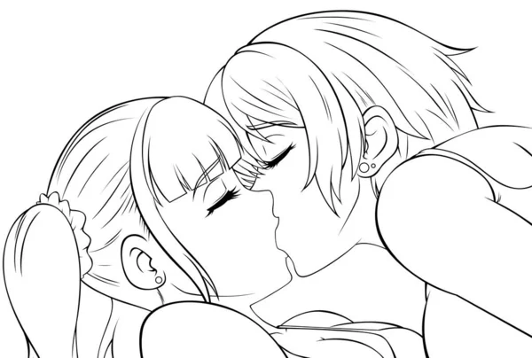 Anime Stílus Illusztráció Két Lány Csók — Stock Vector