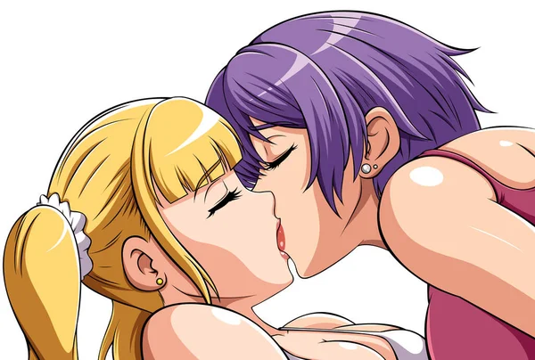 Ilustración Estilo Anime Con Dos Chicas Besándose Sobre Fondo Blanco — Vector de stock