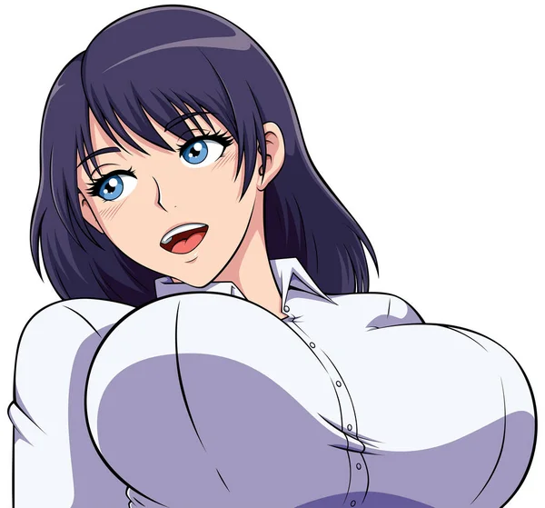 Anime Stil Porträtt Leende Flicka Med Stora Bröst Och Drömmande — Stock vektor