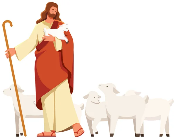 Плоская Иллюстрация Иисусом Виде Пастуха Держащего Ягненка Руке Пасущего Других — стоковый вектор