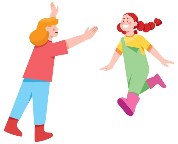 Flache Design Illustration Von Zwei Kleinen Mädchen Die Aufeinander Zurennen — Stockvektor