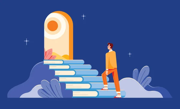 概念平面设计图解 人类爬上书籍制成的楼梯 在楼梯的尽头通向明亮的敞开的门 — 图库矢量图片