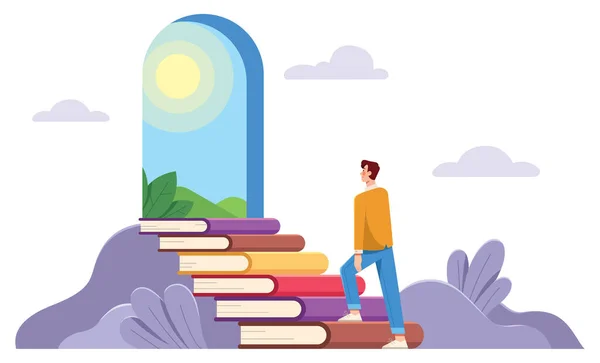 Düz Tasarım Illüstrasyonunu Düşünün Kitaplardan Yapılmış Merdivenleri Tırmanan Adam Sonunda — Stok Vektör