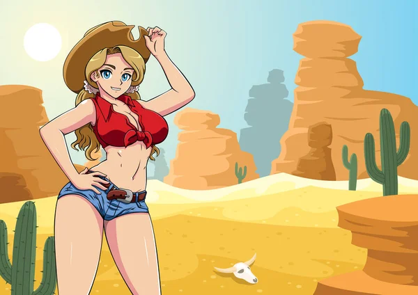 Anime Styl Ilustracja Sexy Dziewczyna Strój Kowboja Amerykańskiej Pustyni — Wektor stockowy