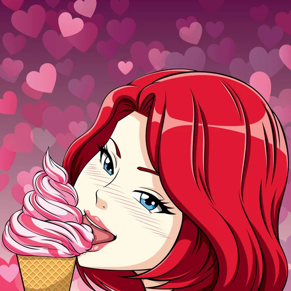Aranyos Anime Lány Vörös Haj Eszik Fagylalt — Stock Vector