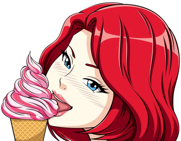Menina Anime Bonito Com Cabelo Vermelho Comer Sorvete —  Vetores de Stock