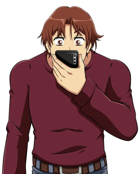 Anime Mužské Postavy Bílém Pozadí Dívá Svůj Smartphone Šokovaným Výrazem — Stockový vektor