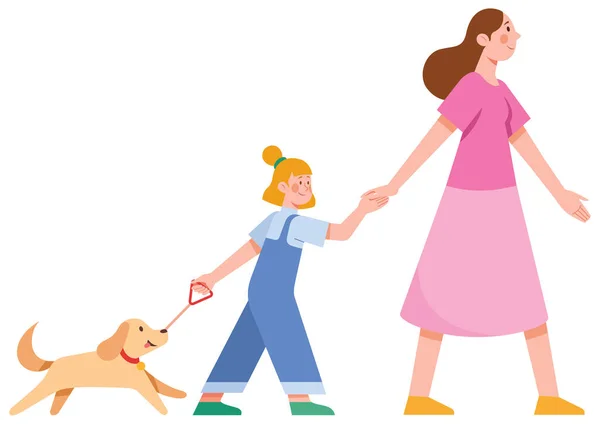 Flachbild Illustration Von Mutter Tochter Und Hund Beim Spazierengehen — Stockvektor