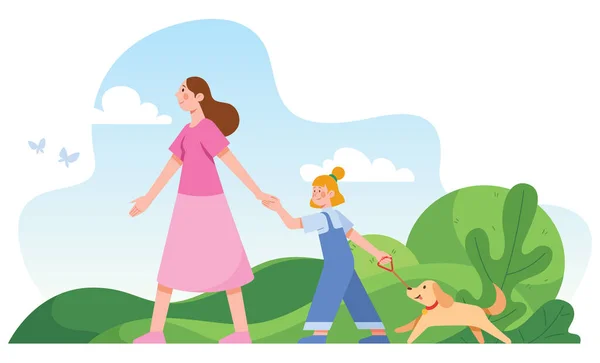 在公园或自然中散步的母亲 女儿及狗的平面设计图解 — 图库矢量图片