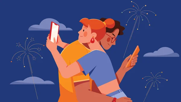 Pár Szerelmesek Egymást Átölelve Látszó Mozgatható Telefon Válla Fölött Kapcsolat — Stock Vector