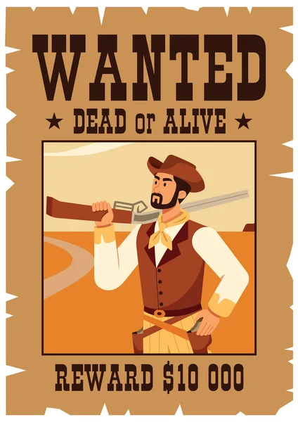 狂野西部 的平面设计图片说明想要的是死或活的海报 上面有牛仔罪犯的肖像和现金奖励 — 图库矢量图片
