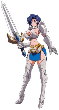 Anime tarzında güzel bir kadın şövalye, beyaz arka planda soyutlanmış..