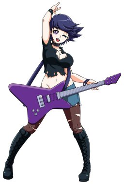 Beyaz arka planda izole edilmiş güzel bir bayan anime gitaristi..