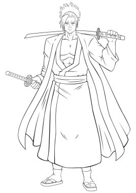 Beyaz arka planda güçlü samurayların anime tarzı çizimi.