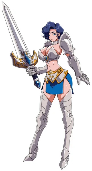Mooie Vrouwelijke Ridder Karakter Anime Stijl Geïsoleerd Witte Achtergrond — Stockvector