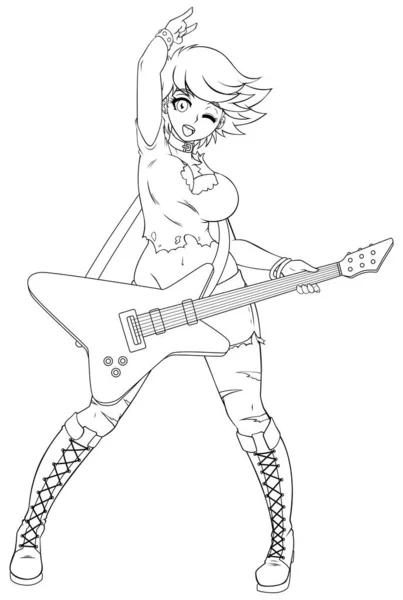 Jolie Anime Féminin Style Guitariste Line Art — Image vectorielle