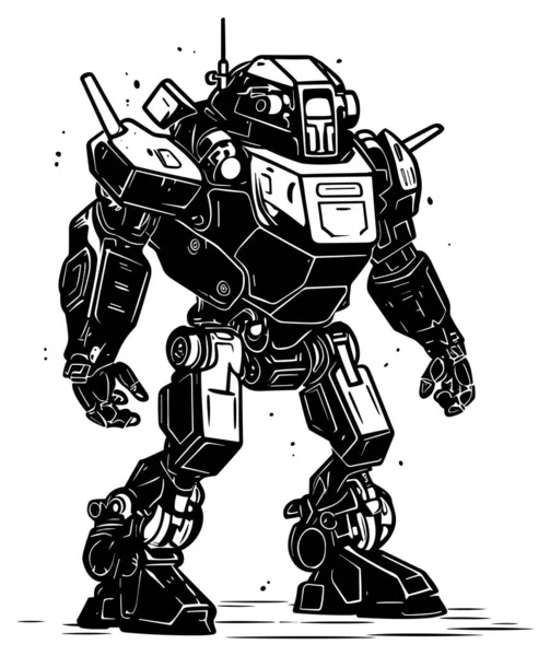 Illustration Noir Blanc Robot Combat — Image vectorielle