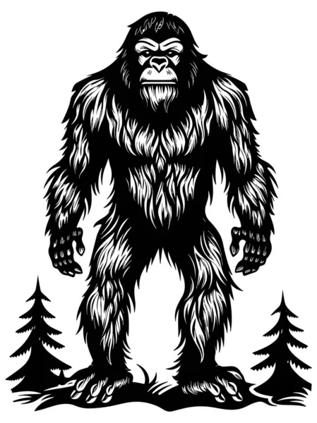 Linocut Απεικόνιση Του Bigfoot Περιπλάνηση Στο Δάσος — Διανυσματικό Αρχείο